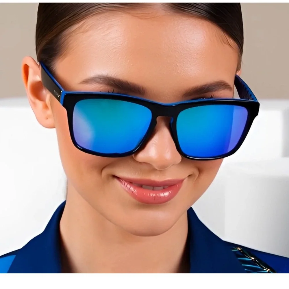 Polarized Sunglasses Women Black Blue Mirrored Lenses Square Frame UV Protection